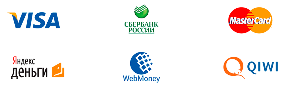 Visa, Сбербанк, Mastercard, ЮMoney, WebMoney, QIWI
